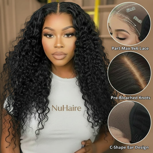 Deep wave wig comparison - model wearing wig and close-up of natural M-Cap HD lace hairline