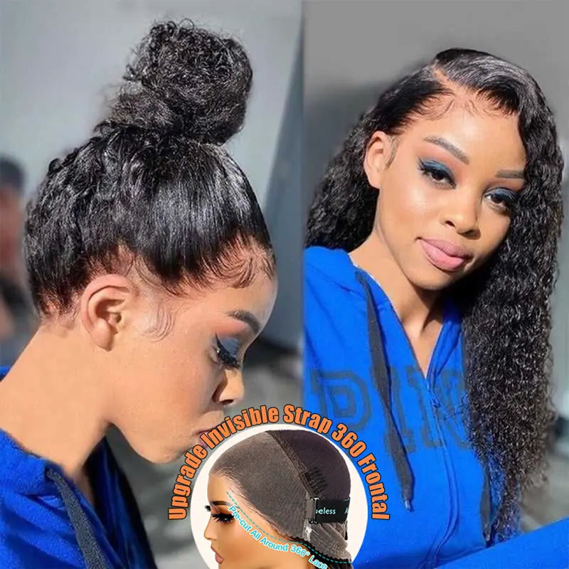 Deep Wave Invisi-string drawstring Full 360 Glueless HD Lace Wig showing updo style, hair down style, with detailed lace construction circle inset