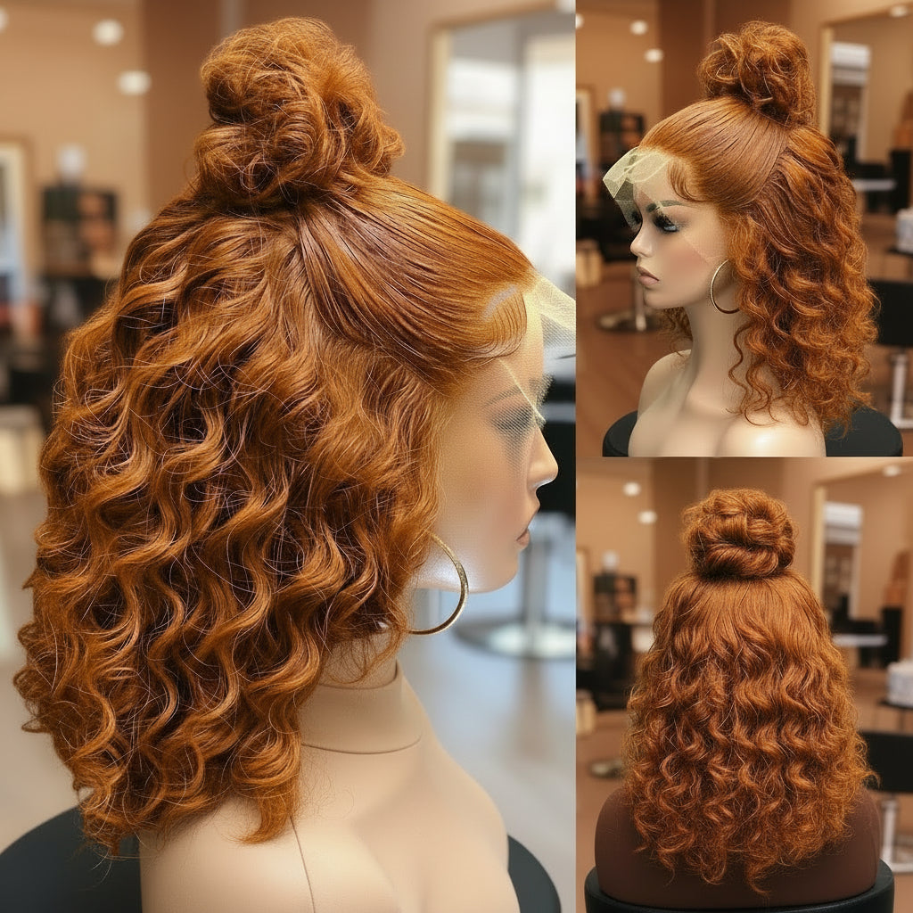 Back view of ginger curly bob wig showing full hair density and curl definition