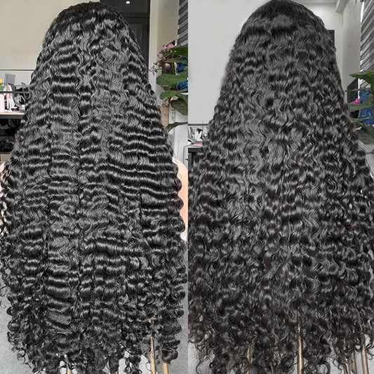 Two back view images of 13x4 Transparent lace front raw burmese curly human hair wig displayed on a mannequin head showing full density, rich natural black color, and raw burmese curly texture
