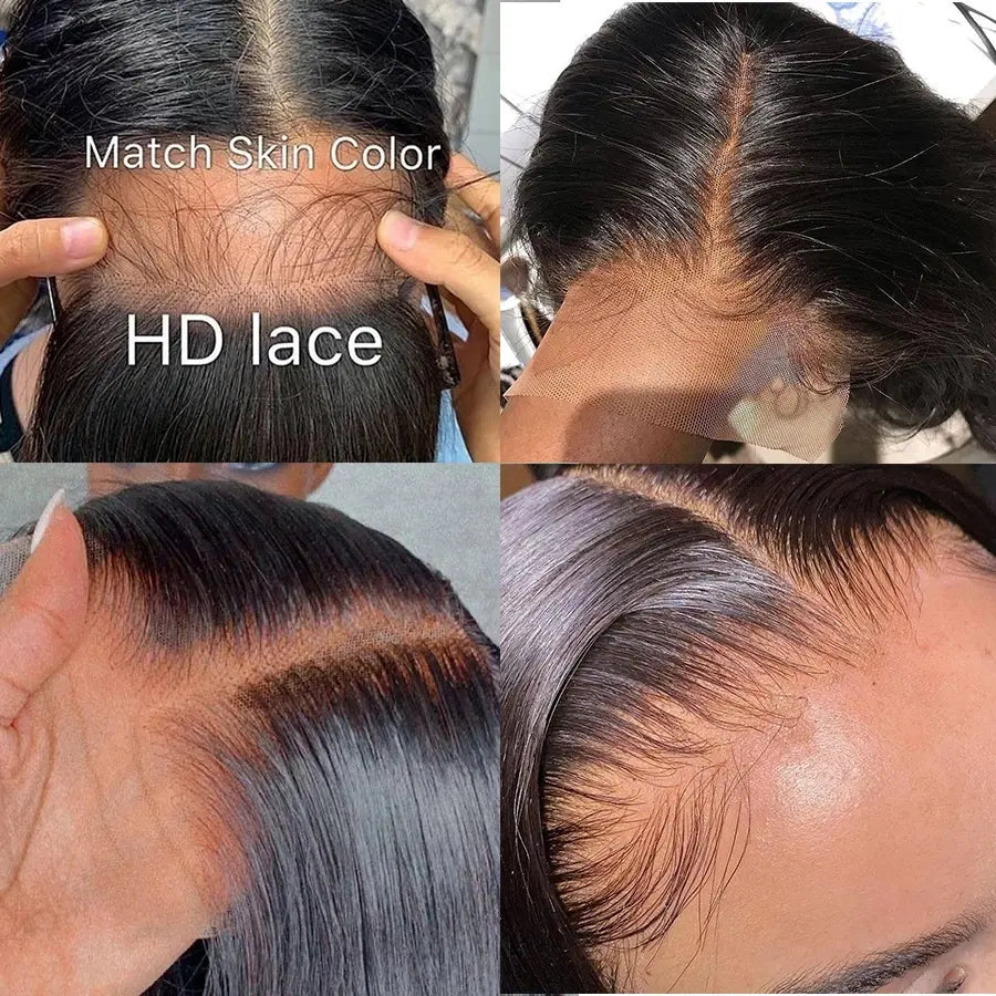 Side by side up close images of HD Lace showing pre-plucked hair, deep parting, seamless blend and natural hairline on the right side