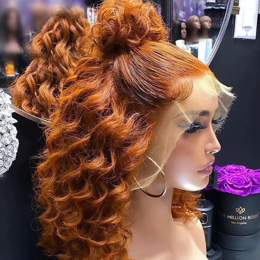 Side view of ginger curly bob wig displaying bouncy curl pattern and bob length