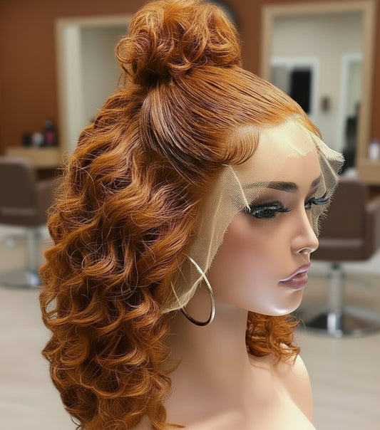 Side view of ginger curly bob wig displaying bouncy curl pattern and bob length