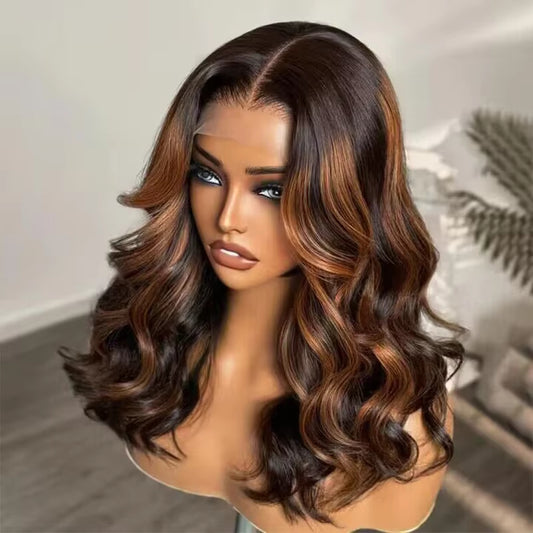 13x4 Transparent lace front human hair wig displayed on a mannequin head showing full volume, rich bronze balayage color, natural hairline, European human hair, and natural wavy texture
