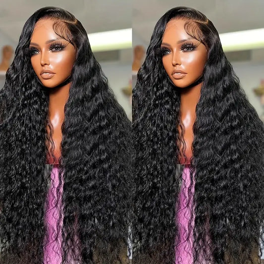 Two-part image of 13x6 Transparent lace front human hair loose wave wig display on mannequin head showing premium natural hairline, loose wave texture, and realistic scalp