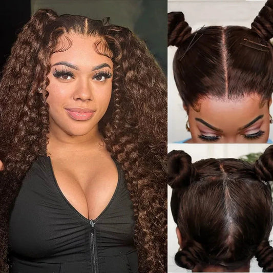 Chocolate Brown Deep Wave Full 360 Invisi-string Glueless HD Lace Wig demonstrating natural style and realistic scalp with parting capability