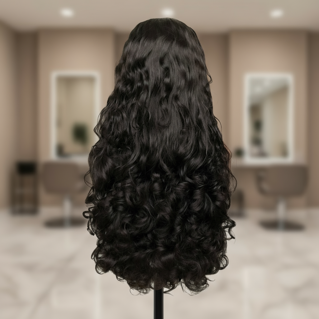 Back view of 13x4 HD lace front Funmi Curl Indian human hair wig displayed on a mannequin head showing full volume, rich natural black color, and funmi curly texture