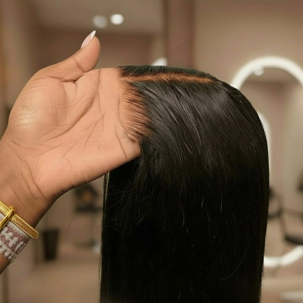 A hand is holding the NuHaire Straight Ready-to-Wear Glueless HD Lace Bob Wig, which features a natural black color, premium human hair quality, and an HD Lace Closure for a natural-looking hairline.
