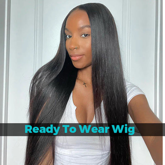 A model is showcasing NuHaire's long-length Bone Straight Ready-to-Wear Glueless 7x5 HD Lace Closure Wig. This wig features a natural black color, premium human hair, a silky straight texture, and skin-melt HD lace.
