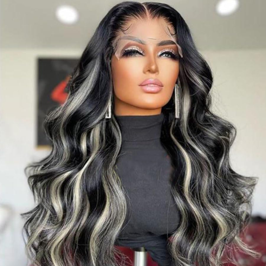 13x4 Silver Highlight Body Wave 26" Wig on mannequin front view highlighting transparent lace, natural hairline, and silver highlights