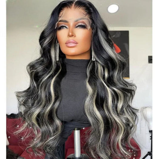 13x4 Silver Highlight Body Wave 26" Wig on mannequin front view displaying Peruvian human hair texture and movement