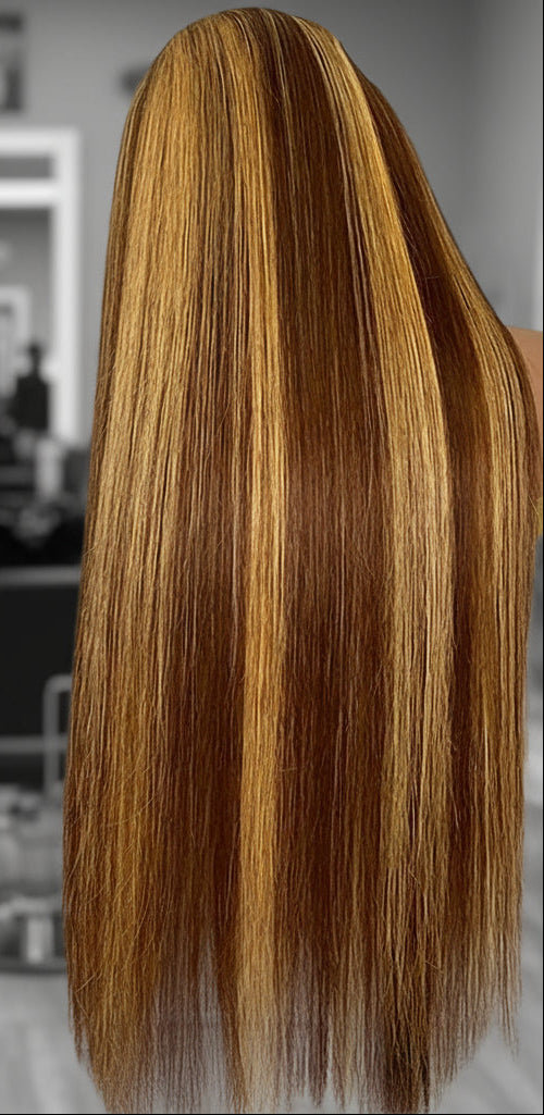 Back viewof a mannequin head wearing NuHaire Straight Honey Blonde Highlight Wig, featuring rich honey blonde highlights and silky straight texture, complete with thin 13x4 transparent lace.