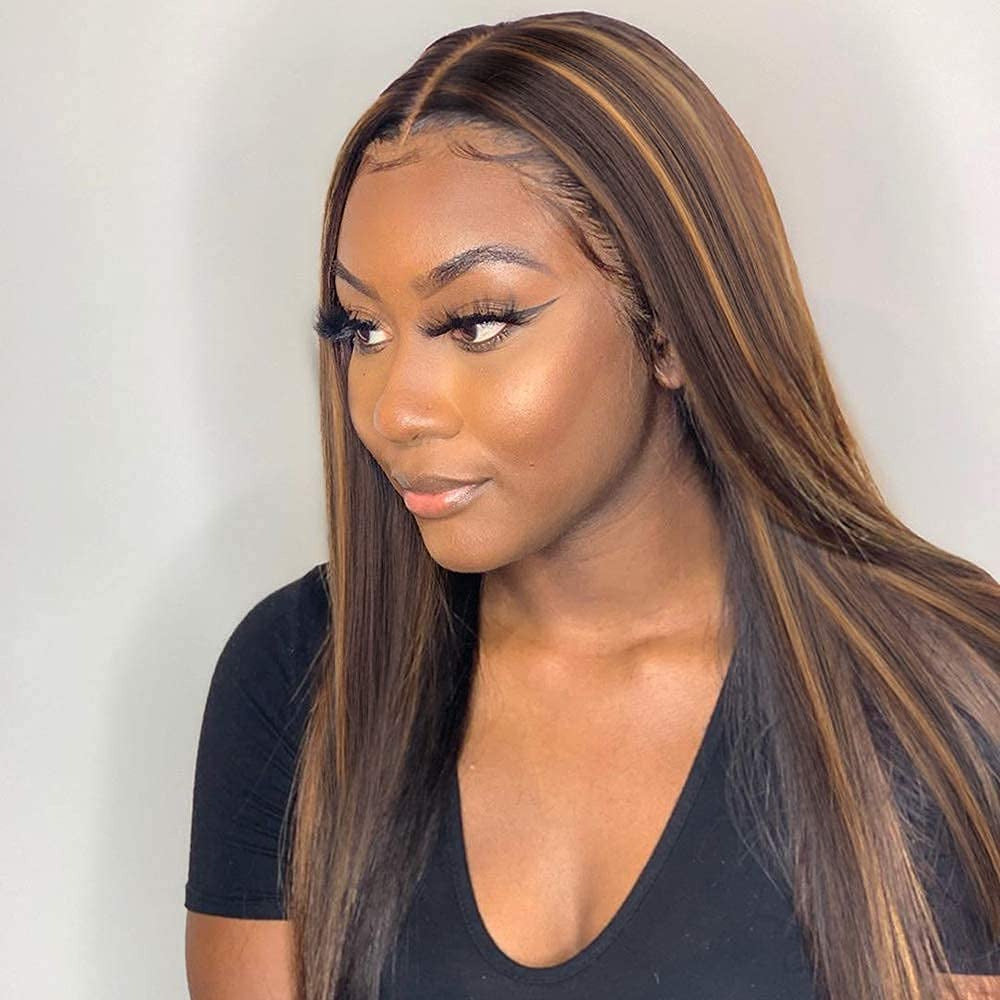 Model wearing 4/27 honey blonde highlight 13x4 HD straight wig looking to the left displaying natural honey blonde highlight placement, natural hairline and sleek straight hair texture