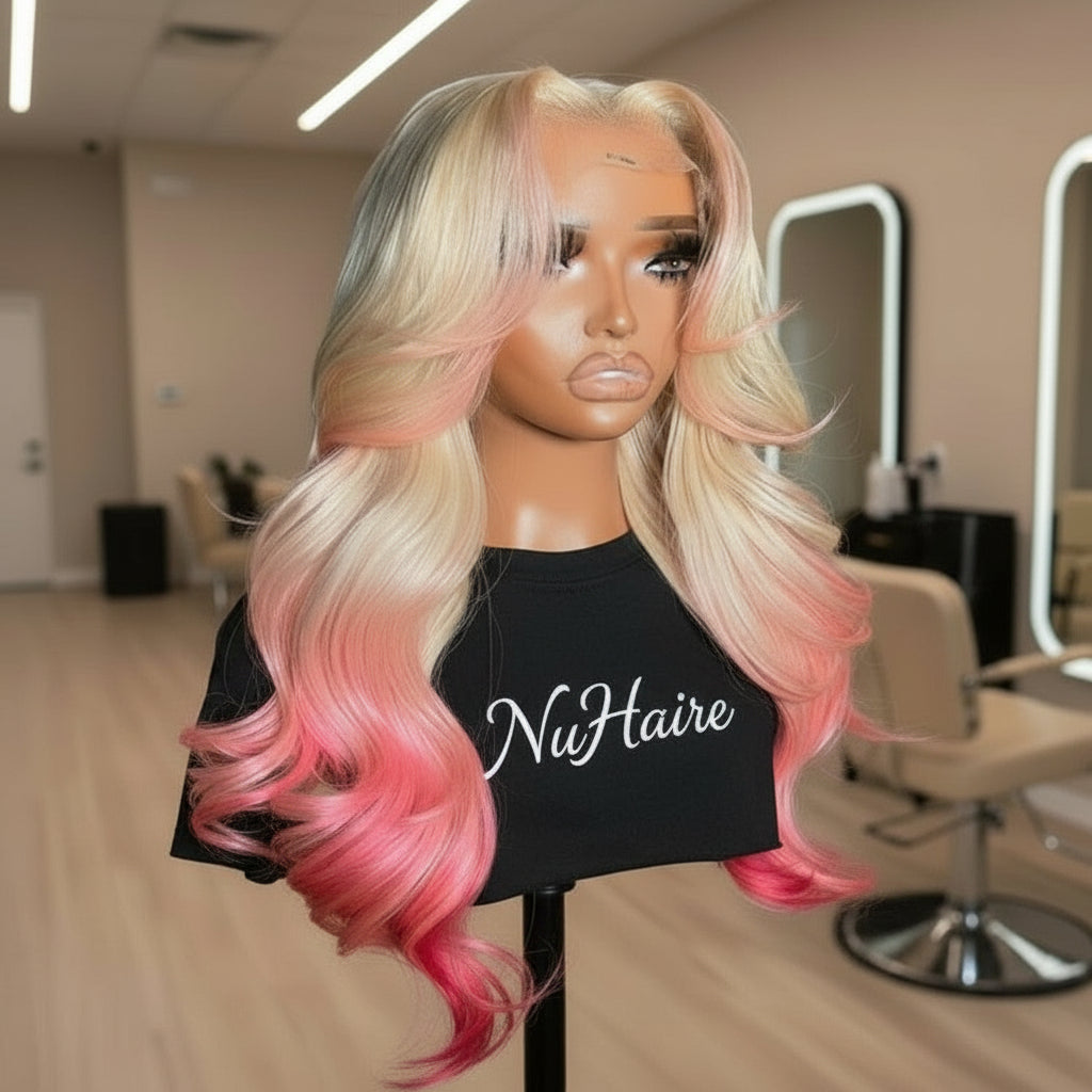 Side angle of Mannequin head featuring NuHaire's 5x5 pink peekaboo highlights on a 613 blonde body wave human hair wig, showcasing a flawless color transformation, premium human hair quality, lace closure hairline, and bouncy body waves against a gray background.