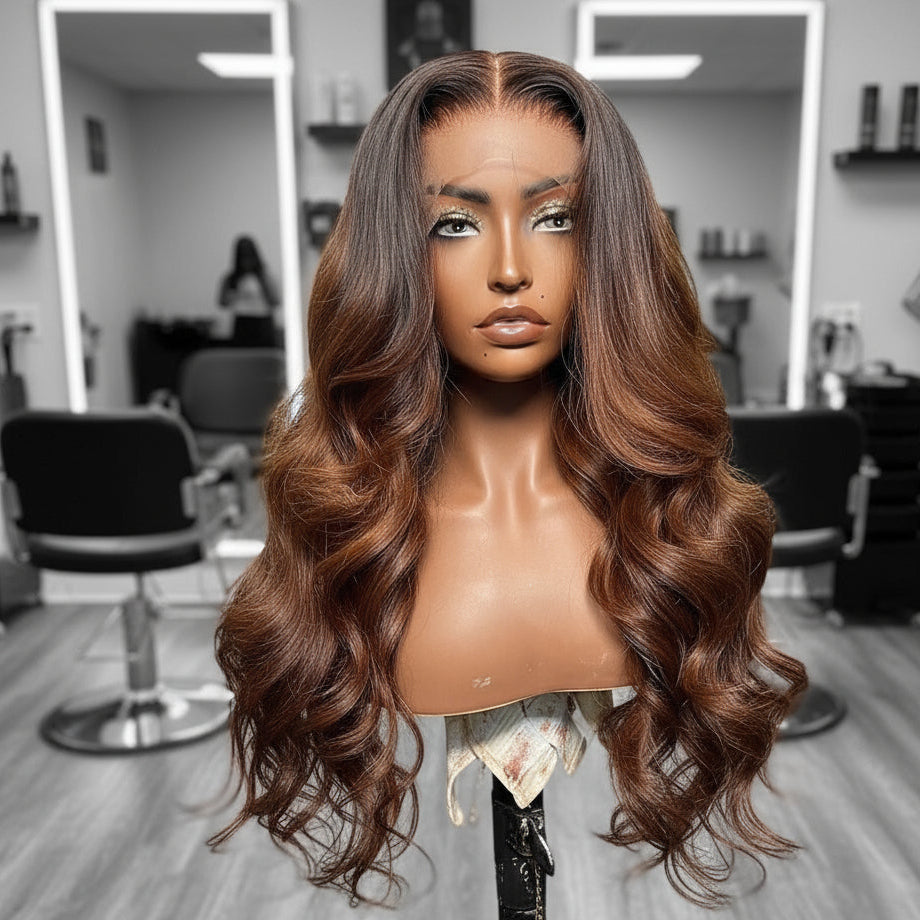 Another angle of Mannequin head featuring a NuHaire Ombre Honey Brown Loose Wave 13x4 Lace Front Human Hair Wig, showcasing rich honey brown ombre, styling versatility, flowing wave texture, and skin melt thin 13x4 transparent lace.