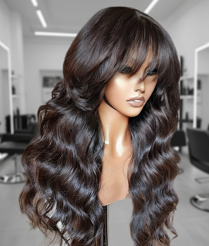 Side view of mannequin head displaying NuHaire's Ready to Wear Loose Wave Wig with Bangs, featuring a natural black color, flowing loose wave texture, glueless install with bangs, and premium human hair.