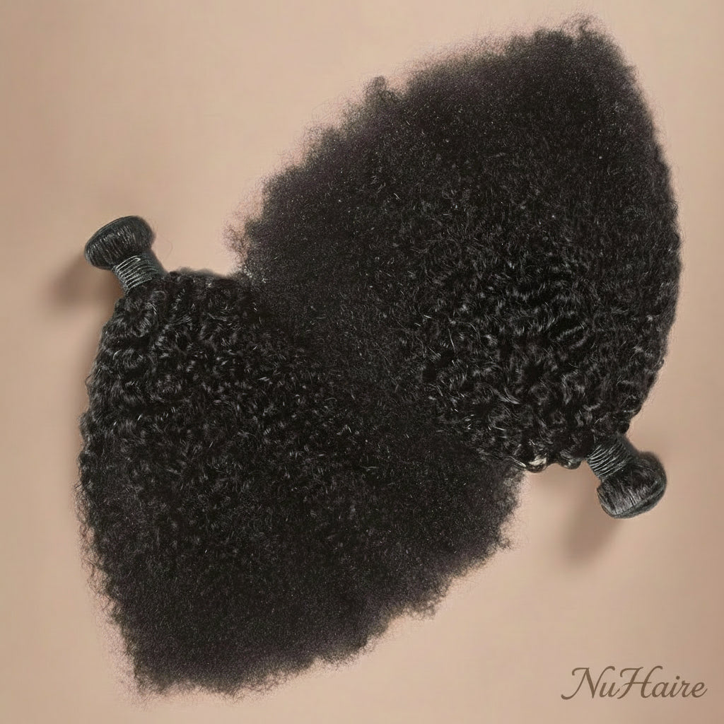 Product Display 2 - NuHaire's Kinky Straight | 1 Piece Human Hair Bundle features a natural black color and premium human hair quality. It is available in Brazilian and Indian hair textures, providing full volume from root to tip with natural kinky straight texture.