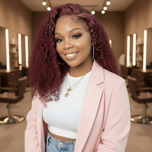 A Female Model showcasing the NuHaire 99J Burgundy Kinky Curly 5*5 /13*4 Transparent Lace Human Hair Wig, featuring a rich burgundy color, premium quality grade human hair, transparent lace front, natural hairline, and bouncy kinky curly texture.