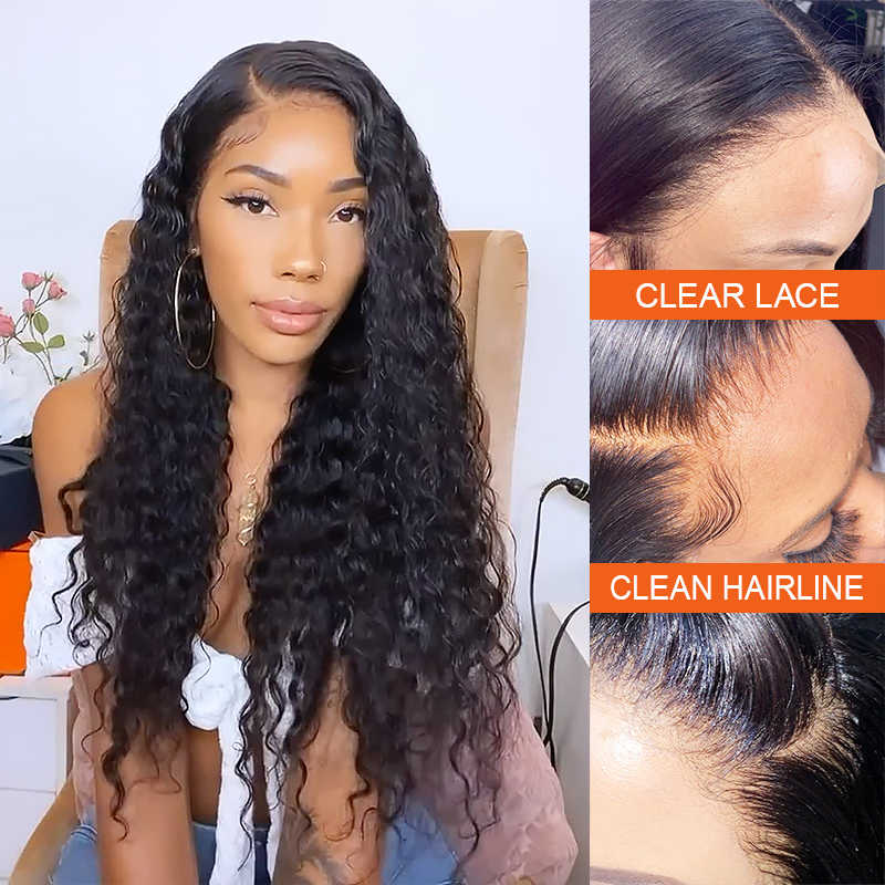 Woman with styled hair and close-up of clear lace with clean hairline.