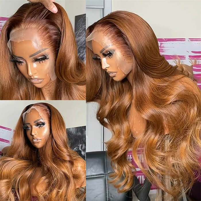 A mannequin showcases NuHaire's #30 Light Auburn Body Wave Lace Front Wig, which boasts a stunning auburn hue, luxurious bouncy body wave texture, premium human hair, and a natural hairline with either a 13x4 or 13x6 transparent lace.