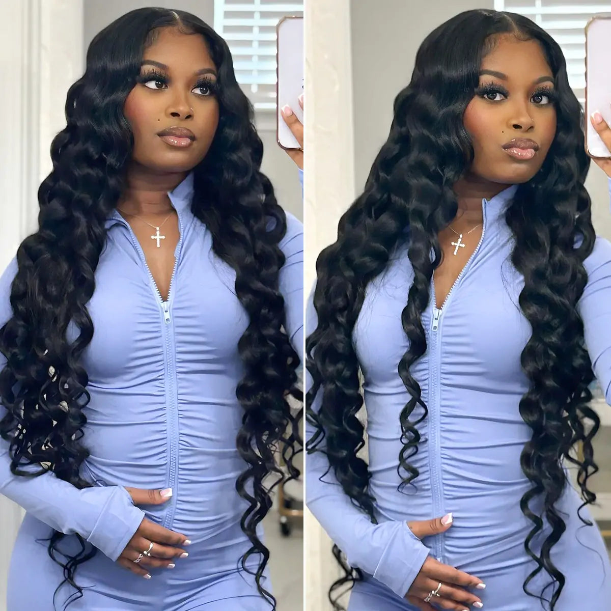 Loose Deep Wave Invisi-string 360 HD Lace Wig on model showing different front angles of hair quality and natural hairline blend