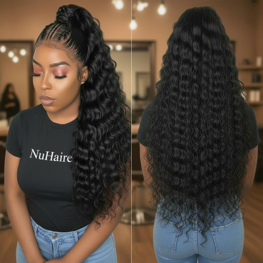 Loose Deep Wave 360 Invisi-String Wig showing updo and braid styling versatility with realistic scalp appearance