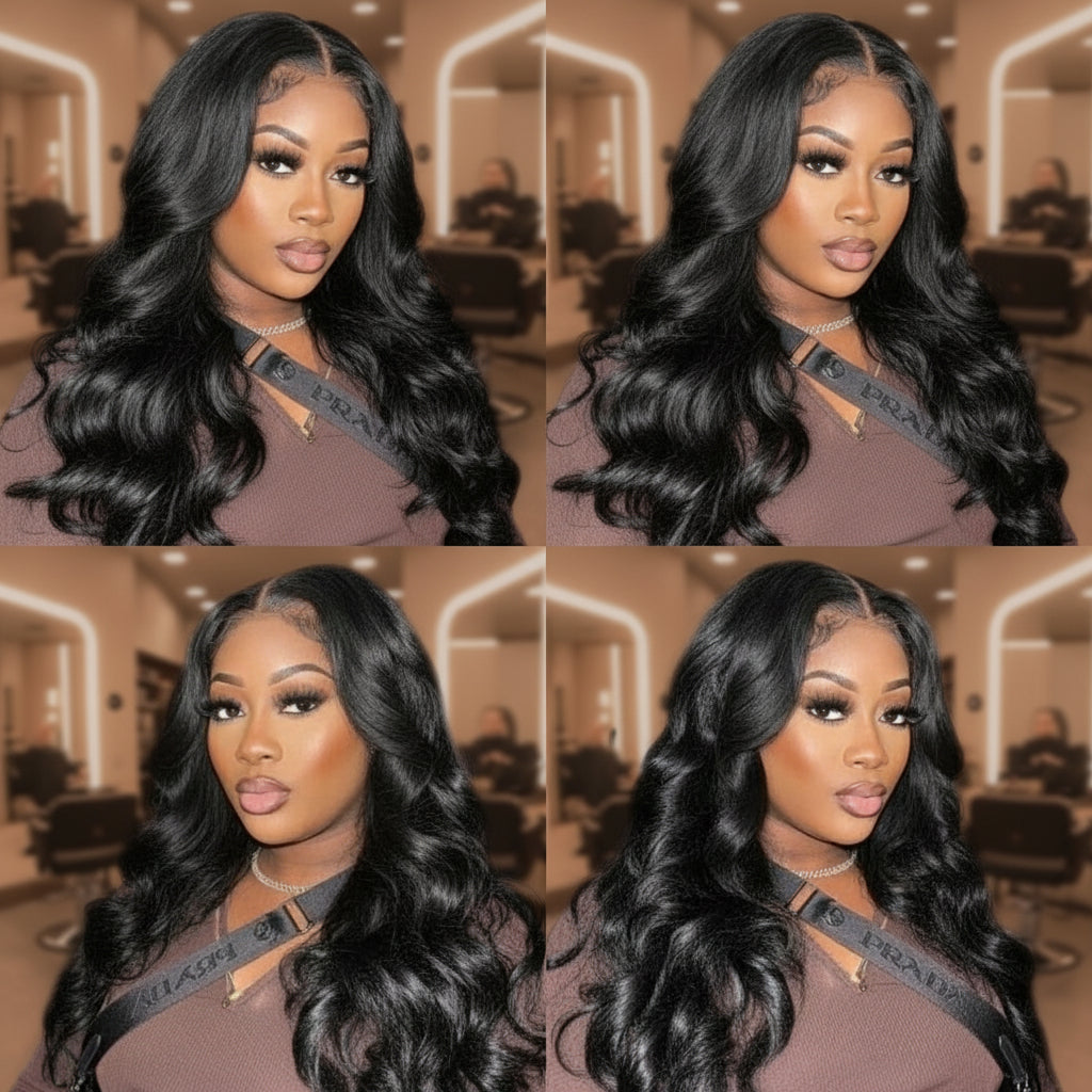 Model 2 displays NuHaire's Brazilian / Indian 1 pc Loose Wave Closure Ultra Thin HD Lace features a natural black color and premium human hair. Available in Brazilian and Indian textures with various lace sizes, it offers full volume and a flowing loose wave texture.