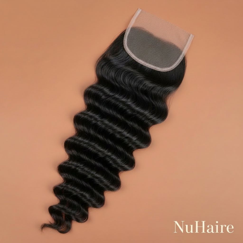 Product Display 2 - NuHaire's Brazilian Loose Deep Wave Ultra Thin Invisible HD Lace Closure features a natural black color and premium human hair. Available in Brazilian and Indian textures with various lace sizes, it offers full volume and a flowing, loose deep wave texture.