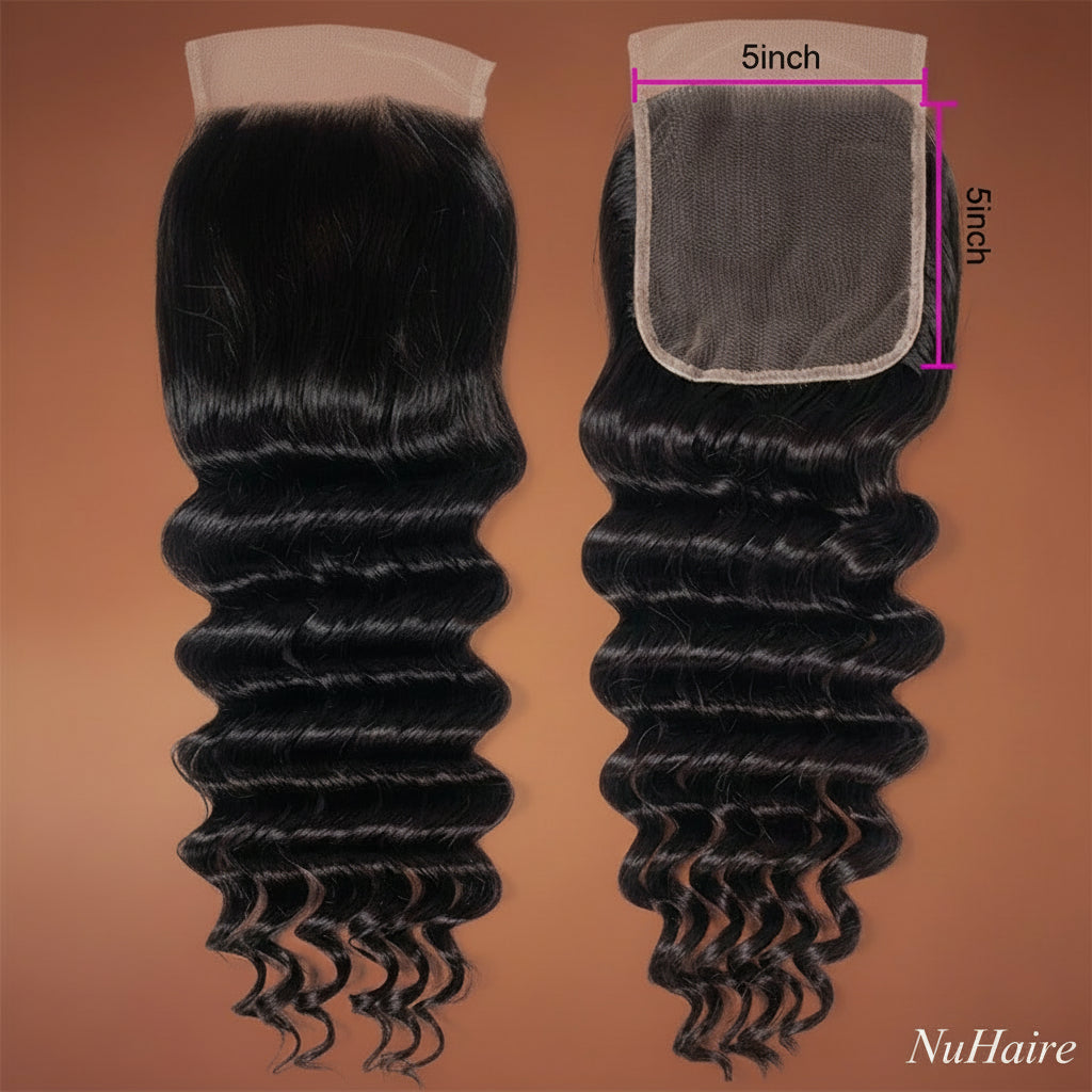 Product Display 2 - NuHaire's Brazilian / Indian Deep Wave Ultra Thin Invisible HD Lace Closure features a natural black color and premium human hair. Available in Brazilian and Indian textures with various lace sizes, it offers full volume and a flowing, deep wave
