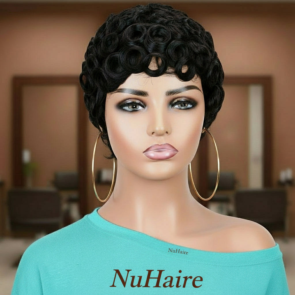 Front view of Mannequin Head displaying NuHaire's Pixie Cut Finger Waves wig, featuring a natural black color, flowing finger wave texture, glueless installation, and premium human hair.