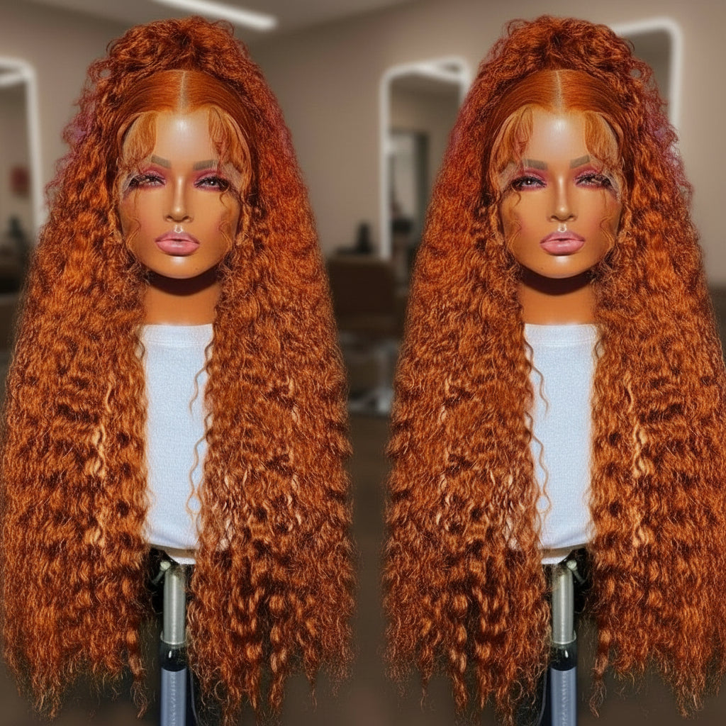 Two sided image of mannequin head wearing the NuHaireCurly Ginger (350) Transparent Lace Front Human Hair Wig, which showcases bouncy curls, a flawless ginger orange color, premium human hair quality, a 13x4 transparent lace front, and a natural hairline.
