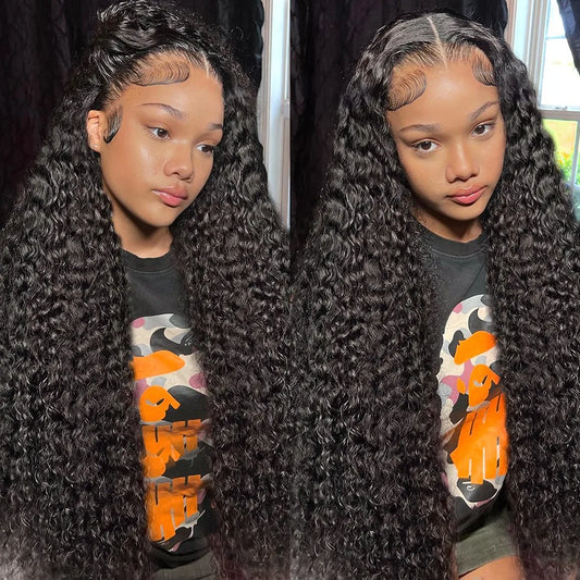 Side by Side image of Long Silky Peruvian Water wave 13x4 Transparent lace front human hair wig freshly installed on model showing Peruvian water wave texture, natural hairline, full volume, and styling versatility