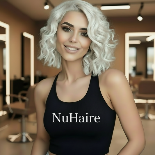 Model wearing platinum blonde 13x6 HD lace front bob wig styled with beachy waves, showing European virgin hair versatility and white gold blonde color