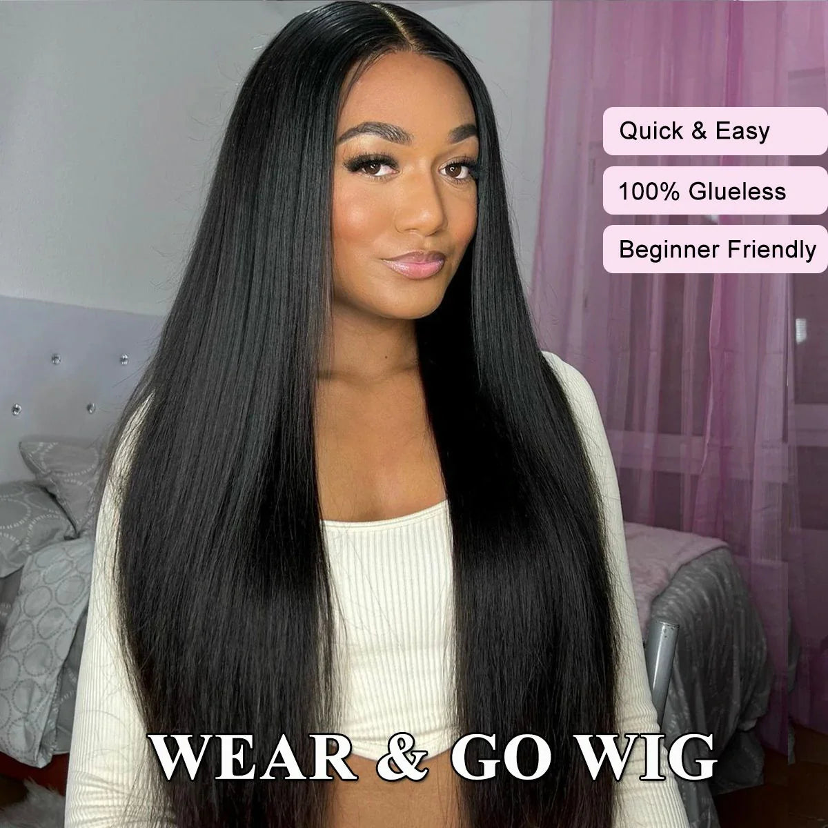 Glueless straight wig front view highlighting wear and go convenience benefits