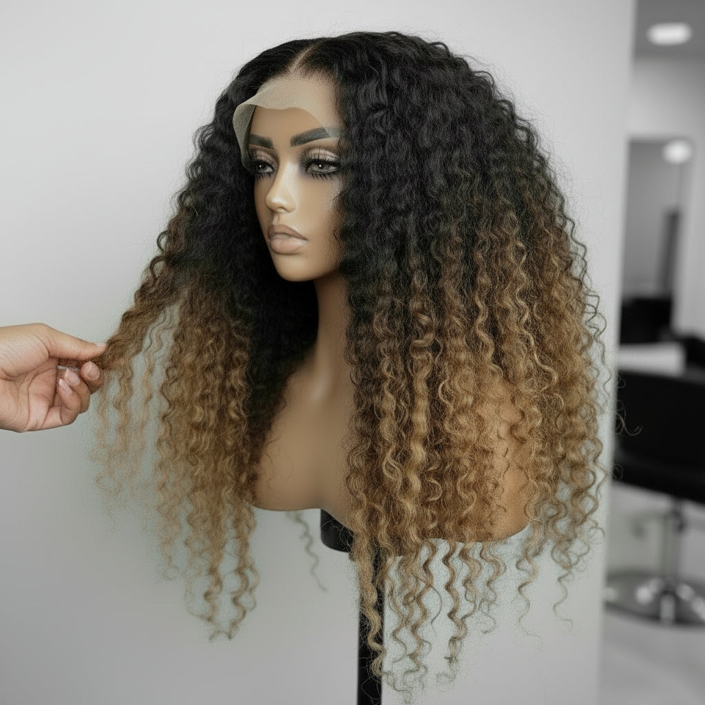 Mannequin head showcases NuHaire's Three Color Ombre Deep Wave Wig. This wig features a natural transition from black to brown to honey blonde, a flowing deep wave texture, a full 250% density, premium human hair, and a skin-melt 13x4 transparent lace.
