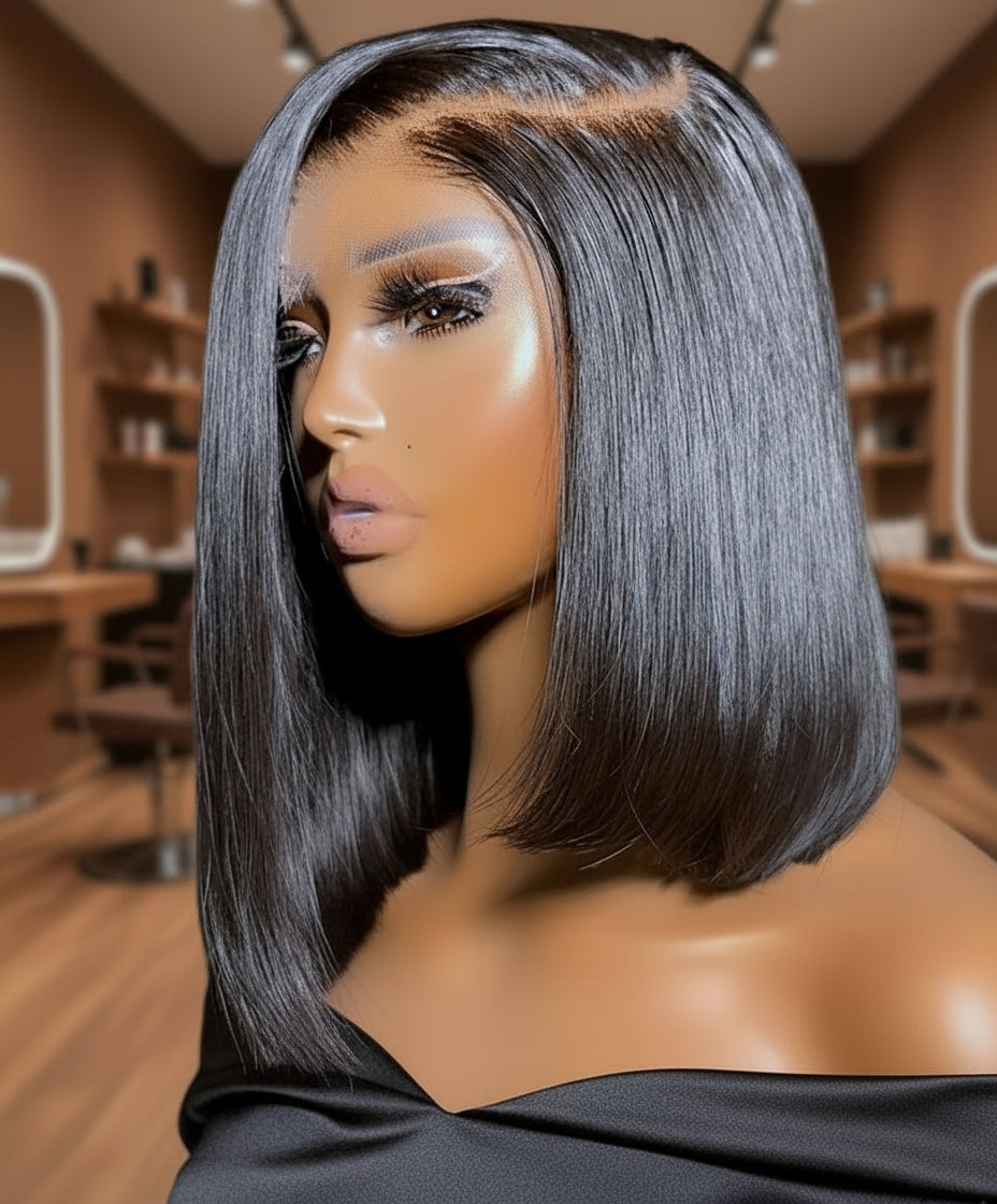 Different angle of a Mannequin head displaying a NuHaire Short Straight Angled Bob Wig features a natural black color, premium human hair quality, HD transparent lace front, silky straight texture, and a natural hairline.