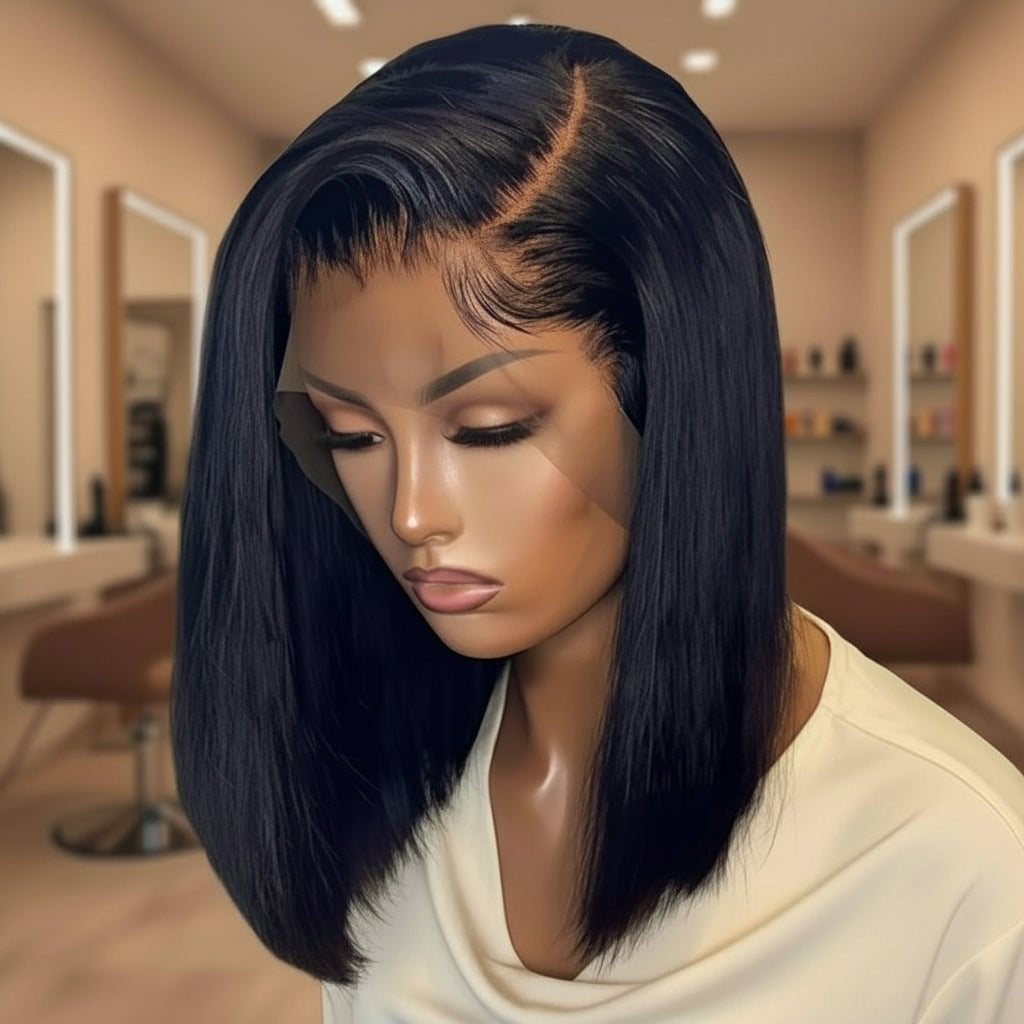 Mannequin head showcasing the NuHaire Straight Blunt Cut Lace Front Bob Wig, featuring a natural black color, premium human hair quality, a 13x4 transparent lace front, silky straight texture, double-drawn ends, and a natural hairline.