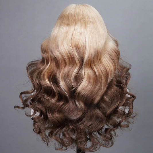Back view of reverse honey blonde ombre body wave wig displaying full hair density and natural wave pattern