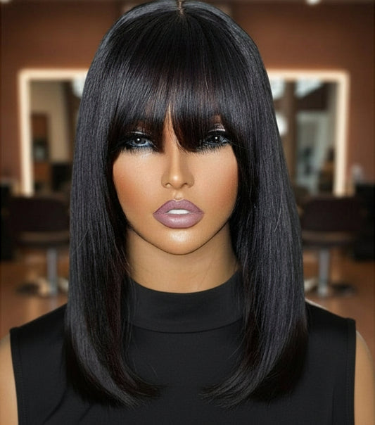 Mannequin head showcasing the NuHaire 12A Grade True Scalp Silky Straight Double Drawn Bob Wig With Bangs, featuring a natural black color, premium high quality grade human hair, glueless installation, silky straight texture, double-drawn ends, and bangs.