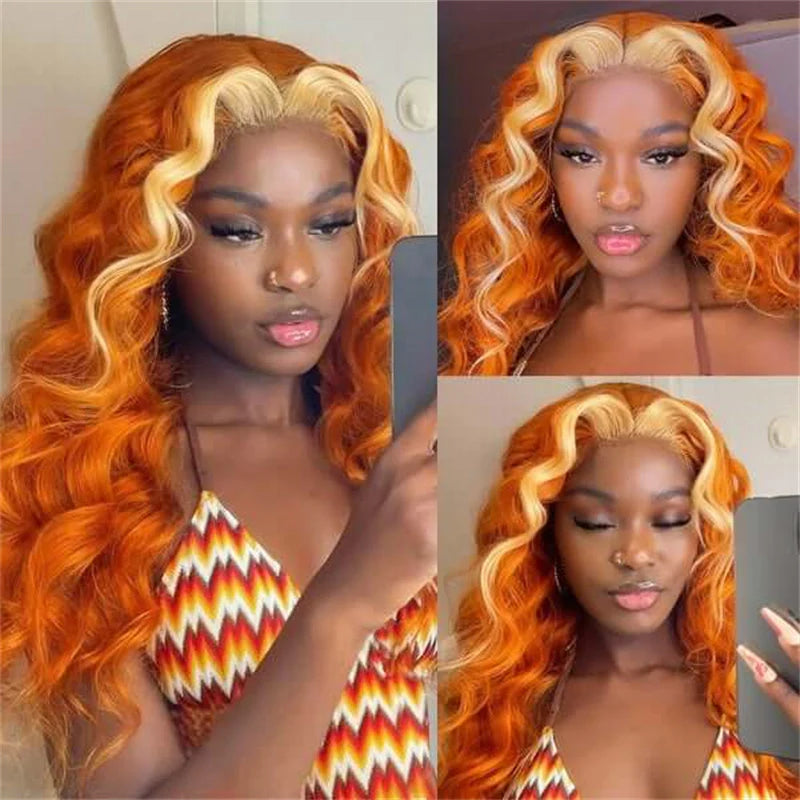 Chunky Blonde Highlight Ginger 26" Body Wave 13x4 Wig on model with stacked photos displaying color dimension and movement