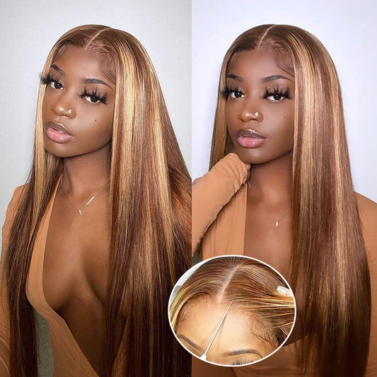 Side by side image of A model wearing NuHaire's Honey Blonde Highlight Straight wig showcases flawless honey blonde highlights, premium human hair quality, even strand length, and a naturally straight texture and inlet of 6x4 glueless constructionagainst a neutral background.