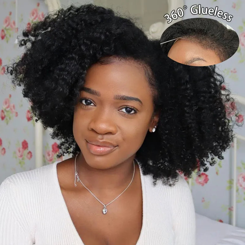 Kinky Curly 4C Hairline 360 Lace Wig styled in short bob with detailed authentic 4C hairline construction inset