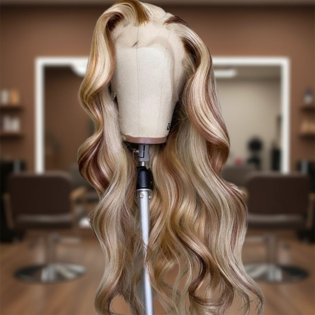 Trio blonde highlight wig showing dimensional color blend and body wave pattern from alternate view