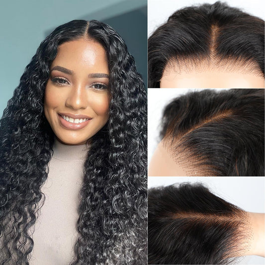 A model showcasing NuHaire's Glueless 6x4 Water Wave wig with close-up views highlighting 6x4 HD glueless lace construction, full volume, and a water wave texture against a neutral background.