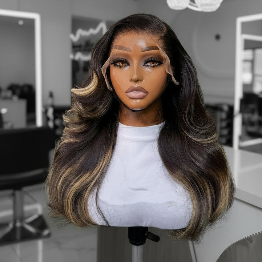Different view of Mannequin head displaying NuHaire's Light Brown Highlight Body Wave Lace Front Wig. This wig features a dark brown hair color with a light brown highlight, a bouncy body wave texture, premium human hair, and skin-melt 13x4 transparent lace.