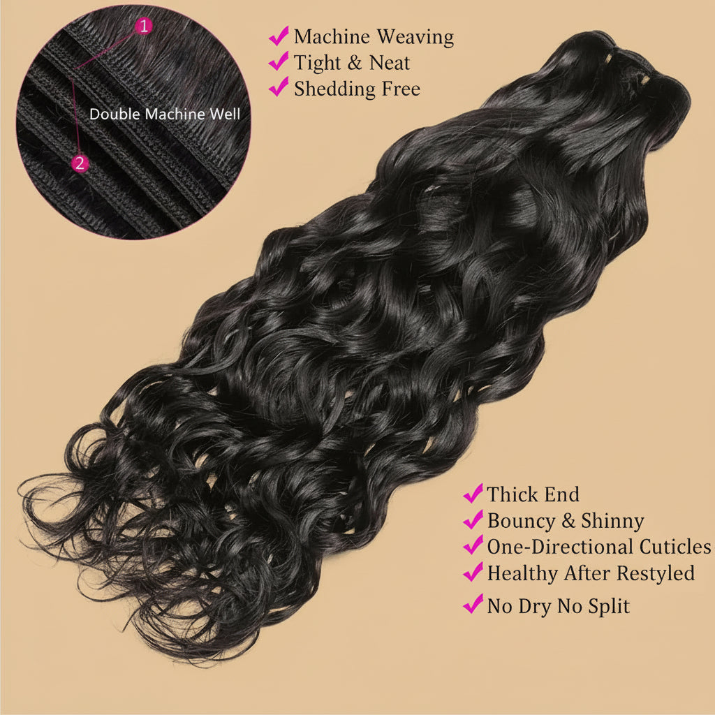 Product Display 2 highlights NuHaire's Wet and Wavy 1-piece Human Hair Bundle, which features a natural black color and premium human hair quality. This bundle is available in both Brazilian and Indian hair textures, offering full volume from root to tip with a flowing wavy texture