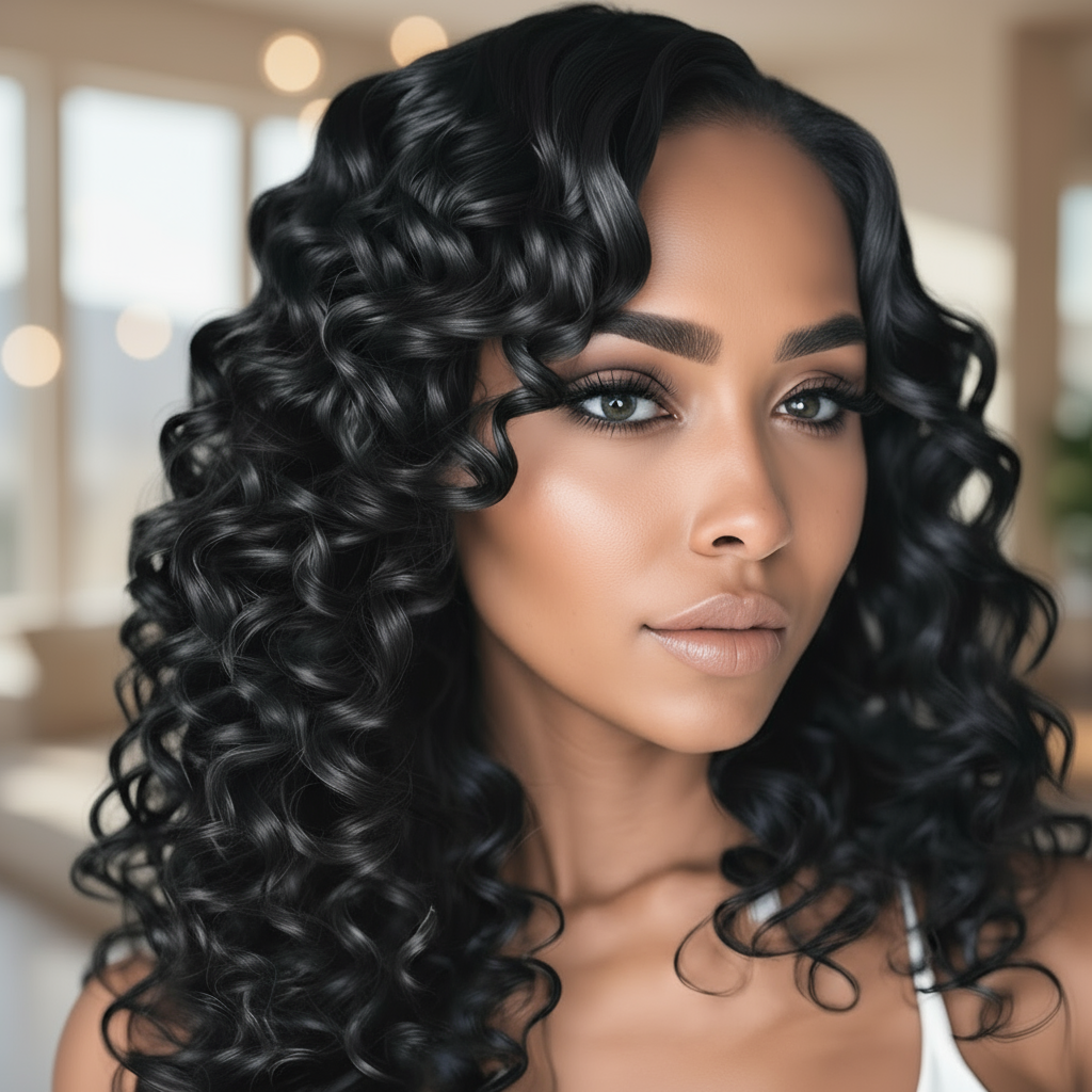 A model presents NuHaire's Double Drawn Water Wave | 3 Piece Human Hair Bundles. The bundles feature a natural black color, premium human hair quality, full volume from root to tip, and flowing water waves.