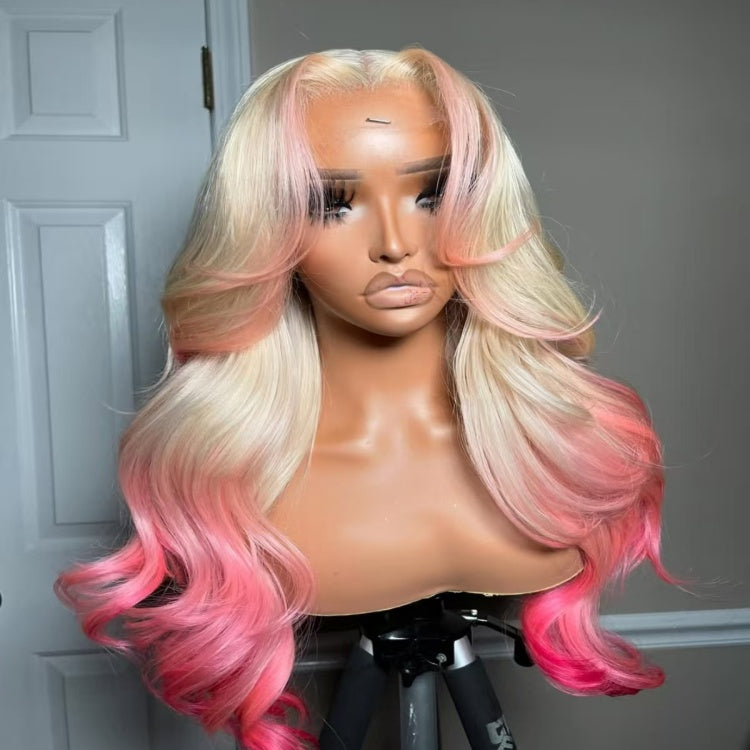 Different angle oMannequin head featuring NuHaire's 5x5 pink peekaboo highlights on a 613 blonde body wave human hair wig, showcasing a flawless color transformation, premium human hair quality, lace closure hairline, and bouncy body waves against a neutral background.