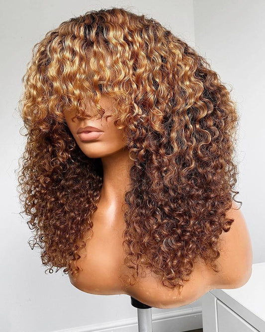 High Density Honey Blonde Ombre Afro Kinky Curly Wig With Bangs
