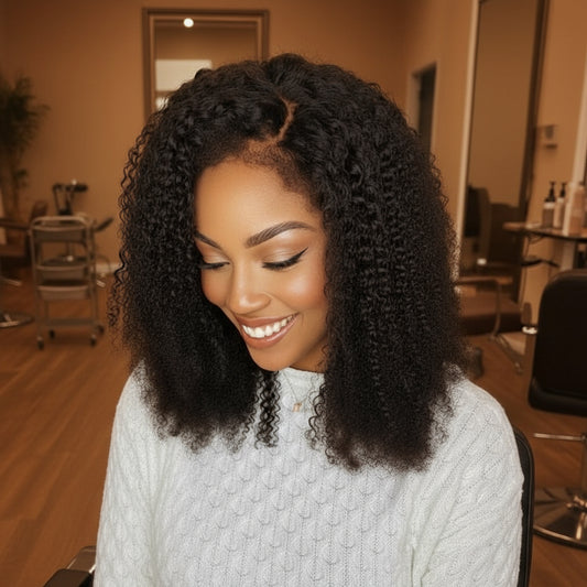 Model showcases NuHaire's 4C Hairline Kinky Curly Lace Front Human Hair Wig, featuring a natural black color and flowing kinky curly texture, with a 4C hair texture hairline made of premium human hair.